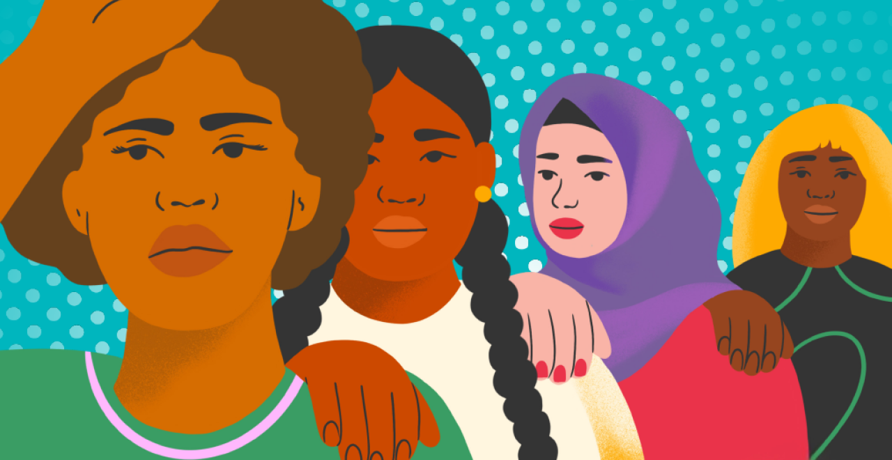 Illustrations of four women with hands on each others shoulders