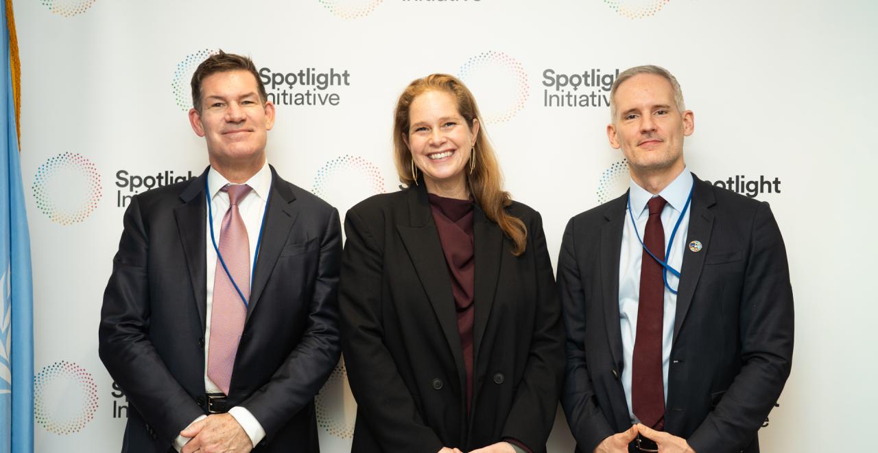 Spotlight Initiative Global Coordinator Erin Kenny, Head of Section for Sustainable Development and International Partnerships at the European Union Delegation to the United Nations Renaud Savignat, and World Bank Group Director for Gender Robin Mearns.