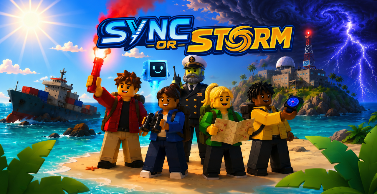 Five roblox characters standing on an island with ship in distance