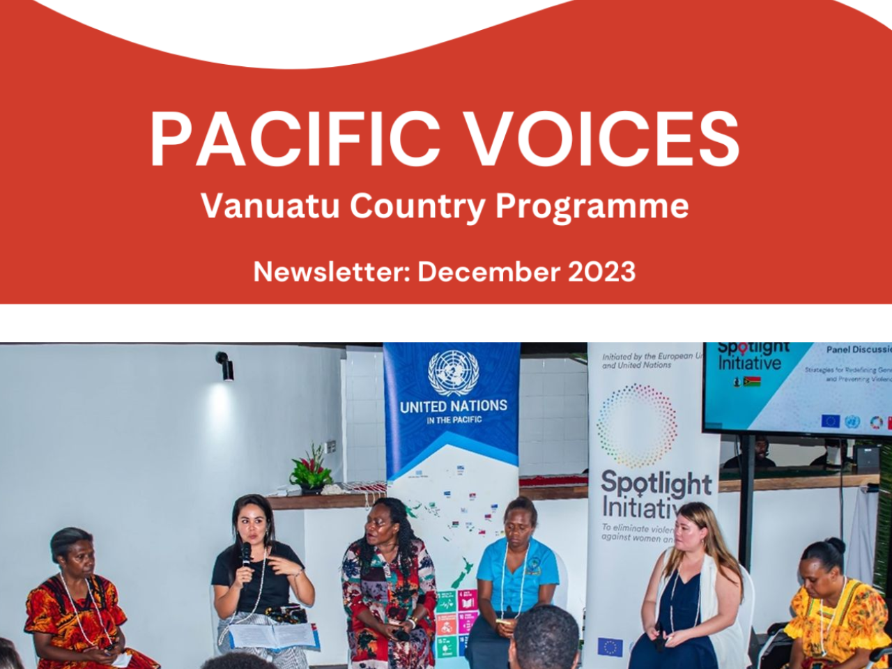 The title page of the newsletter with the logos of the Spotlight Initiative, Vanuatu flag and coat of arms