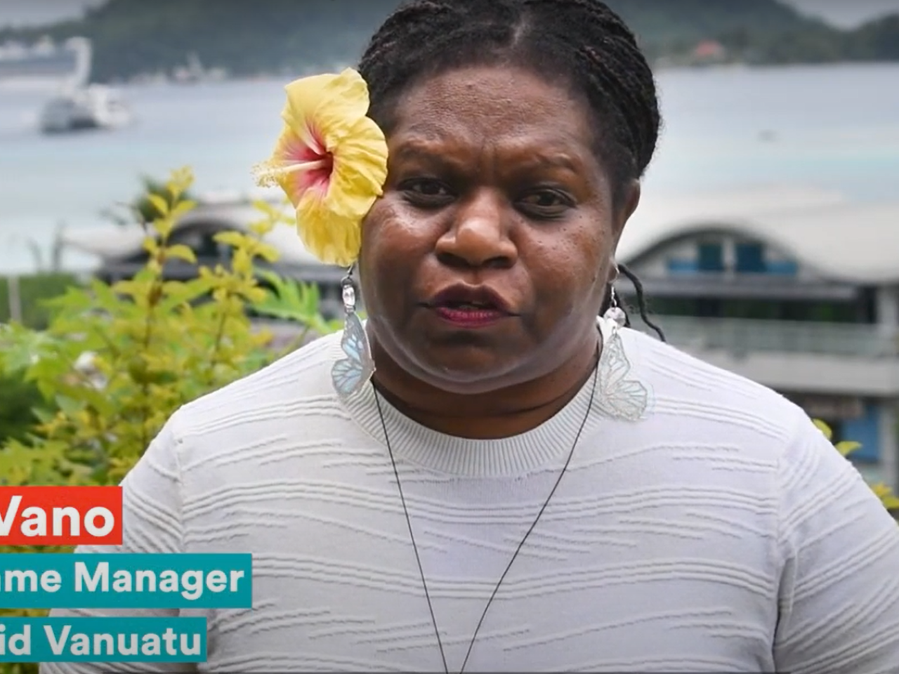 A Vanuatu women speaking on the hill overlooking Vila Bay.