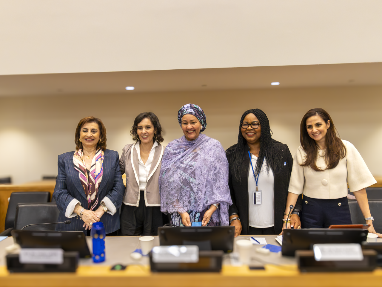 UN Women Executive Director, Sima Sami Bahous; European Commissioner for Equality, Preparedness and Crisis Management, Hadja Lahbib; UN Deputy Secretary-General, Amina Mohammed; Executive Director of Women Aid Collective and former Special Rapporteur on Trafficking in Persons, Joy Ngozi Ezeilo; Deputy Director of Advocacy for Amnesty International and the organization’s representative to the UN, Sherine Tadros. Photo: Spotlight Initiative