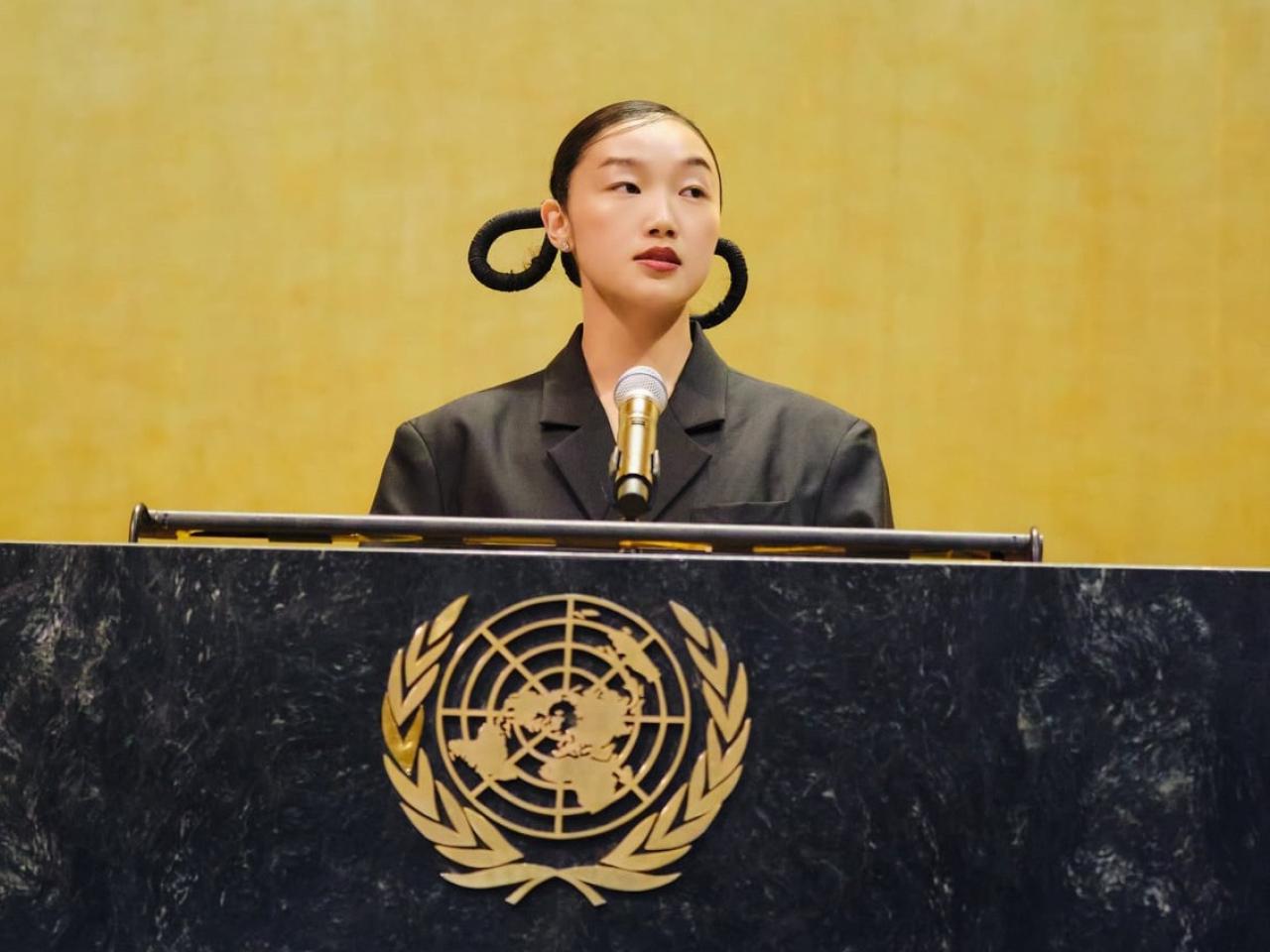 Audrey Nuna speaking at UN General Assembly Hall