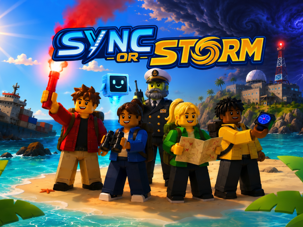 Five roblox characters standing on an island with ship in distance