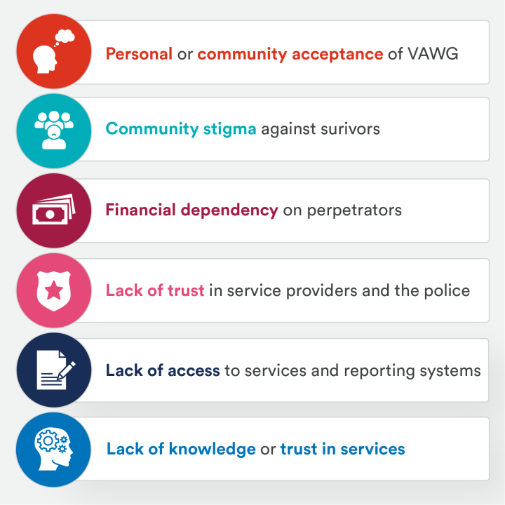 Personal or community acceptance of VAWG, Community stigma against surivors, Financial dependency on perpetrators, Lack of trust in service providers and the police, Lack of access to services and reporting systems, Lack of knowledge or trust in services