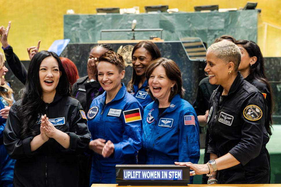 Amanda Nguyễn (front left) and fellow astronauts attend 'Uplifting Women in STEM' at the UN Headquarters in New York. Photo: Radhika Chalasani.