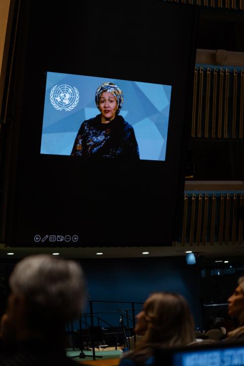 UN DSG Amina Mohammed appears on a screen