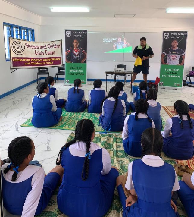 Students attending "Voices Against Violence" workshop in Tonga. Photo: NRL Tonga