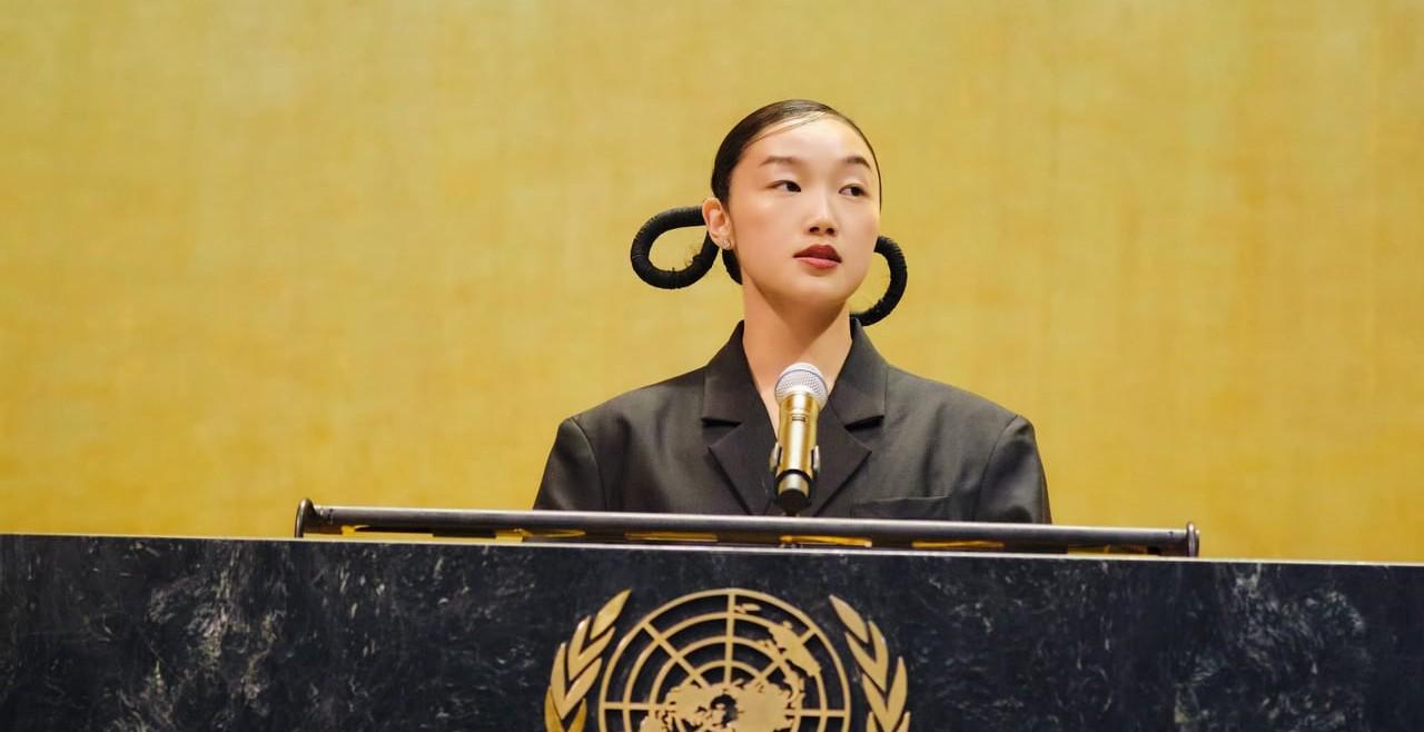 Audrey Nuna speaking at UN General Assembly Hall