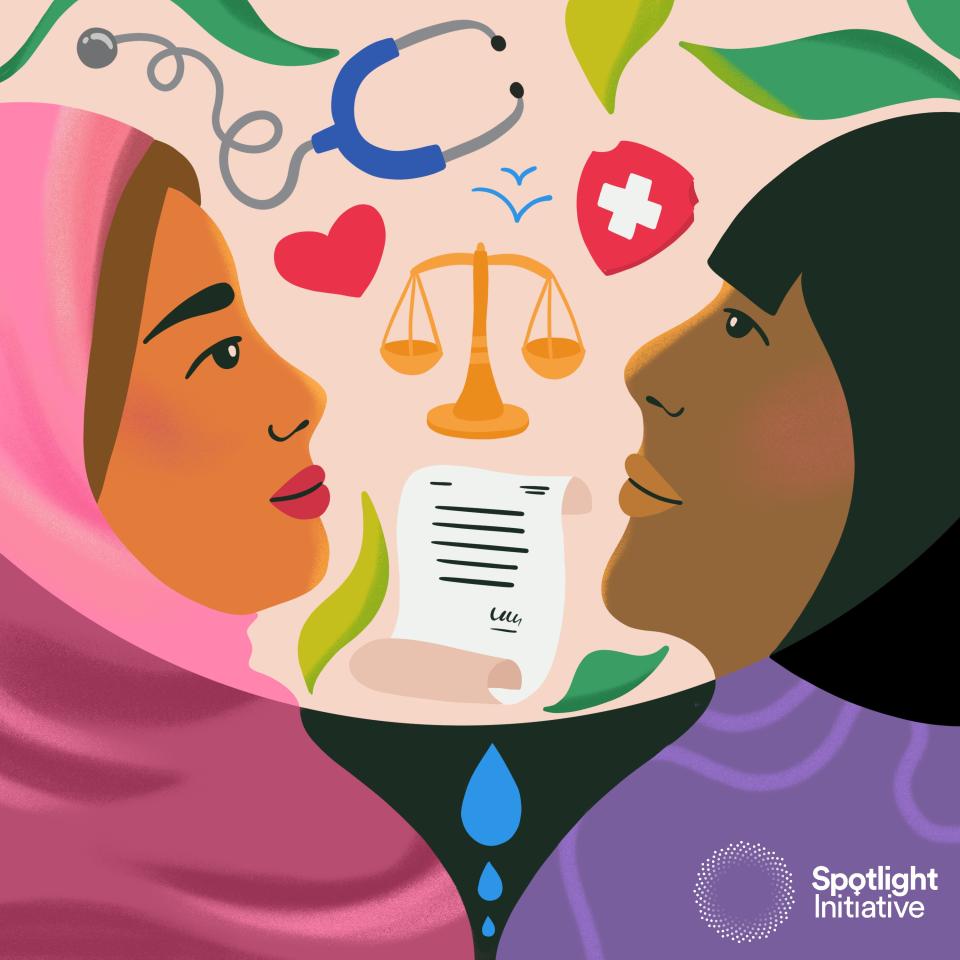 Two women looks at symbols representing essential services