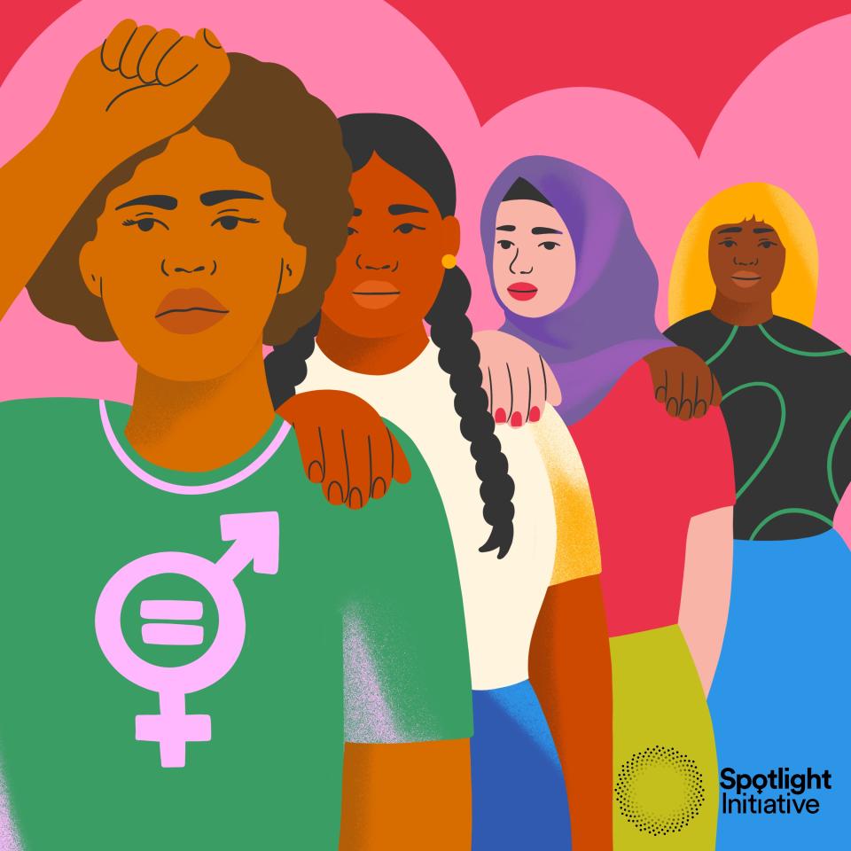 Four diverse women stand beside each other