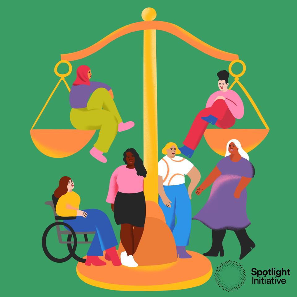 A scale with diverse women and girls around it