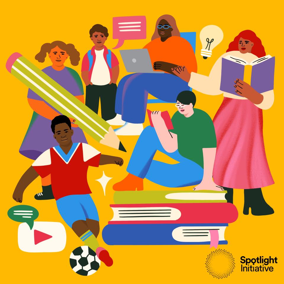 A diverse group of girls and boys reading and playing sport