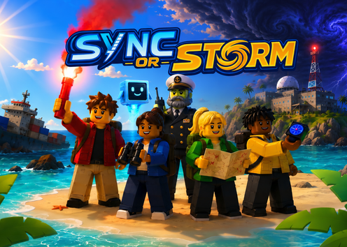 Five roblox characters standing on an island with ship in distance