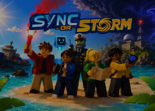 Five roblox characters stand on an island